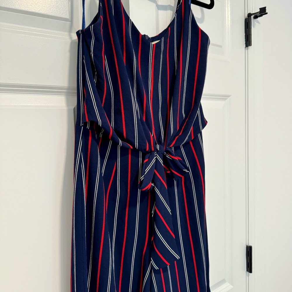 Navy Blue Jumpsuit with Vertical Red & White Stripes